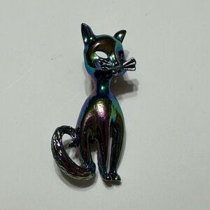 Vintage Iridescent Black Cat Brooch Mid Century Kitty Jewelry Costume Pin